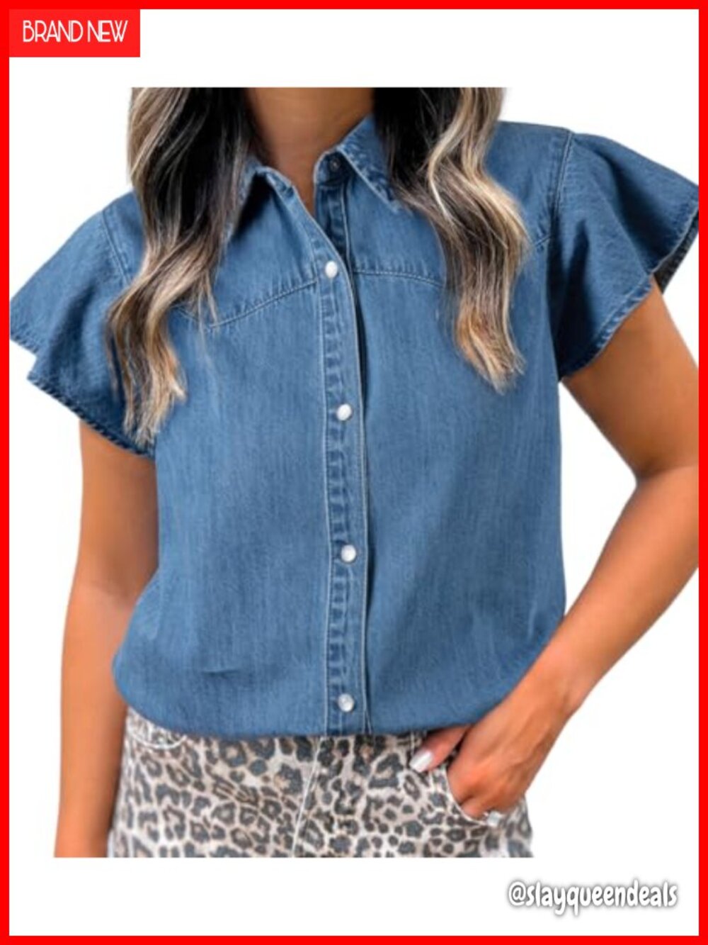 Ruffled Short Sleeve Button Down Tunic Top Cotton Blend Loose Fit Casual